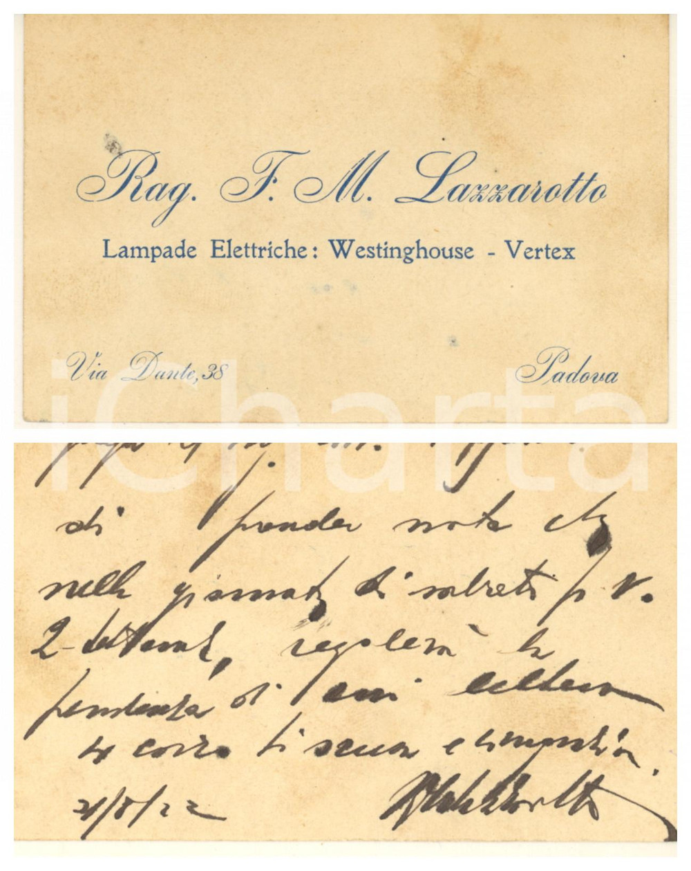 Oggetto da collezione cartaceo 1922 PADOVA Rag. F. M. LAZZAROTTO  Lampade elettriche  Biglietto da visita 1