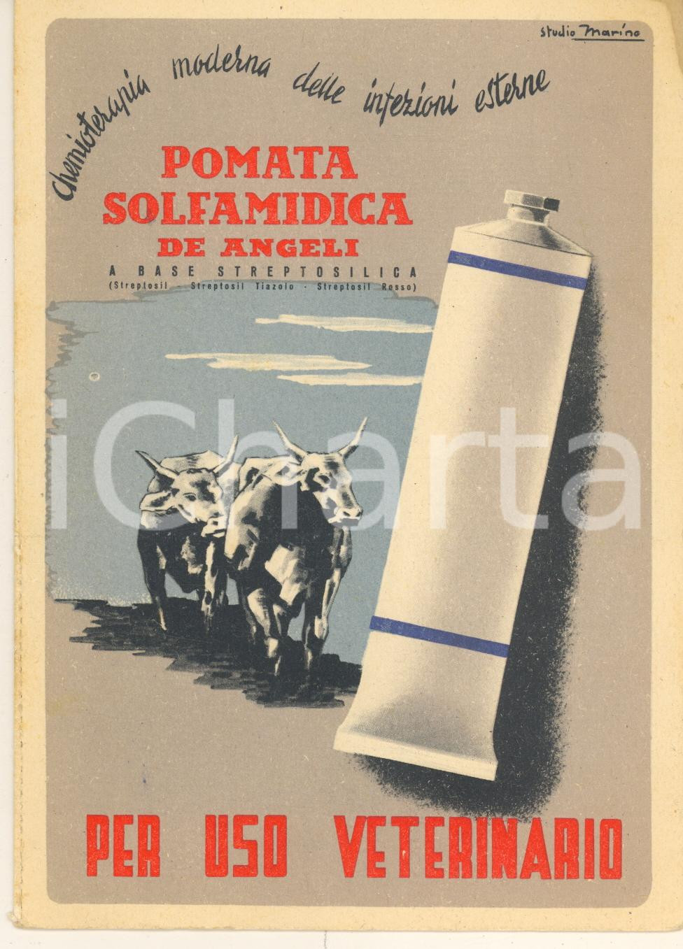 Materiale pubblicitario d’epoca 1941 MILANO FARMACEUTICA DE ANGELI Biglietto pomata solfamidica uso veterinario 1