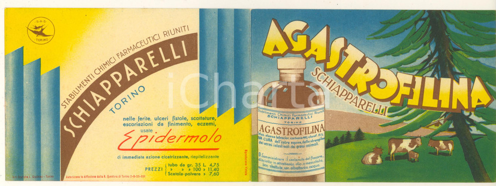 Materiale pubblicitario d’epoca 1935 TORINO FARMACEUTICA SCHIAPPARELLI  Biglietto pubblicitario AGASTROFILINA 1