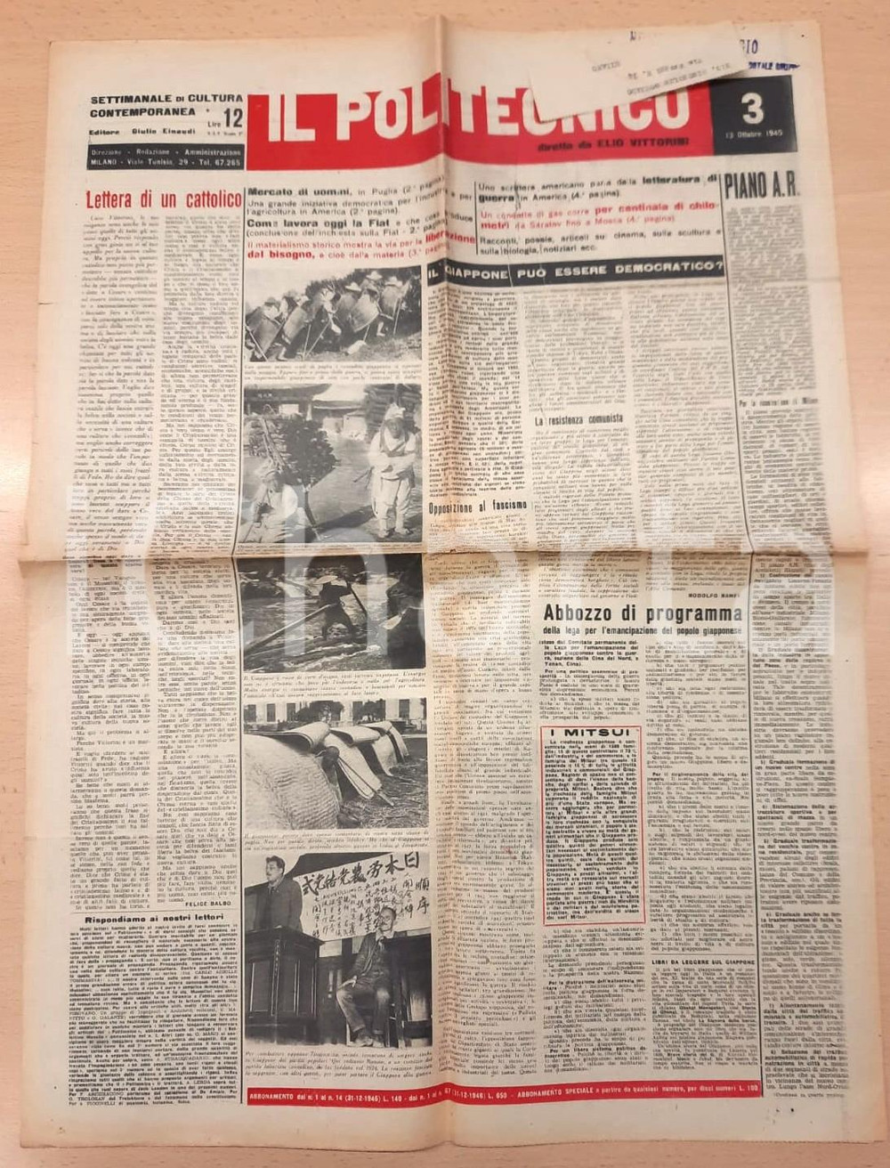 Giornale, rivista storica 1945 IL POLITECNICO Il Giappone può essere democratico?  La FIAT oggi Rivista 1