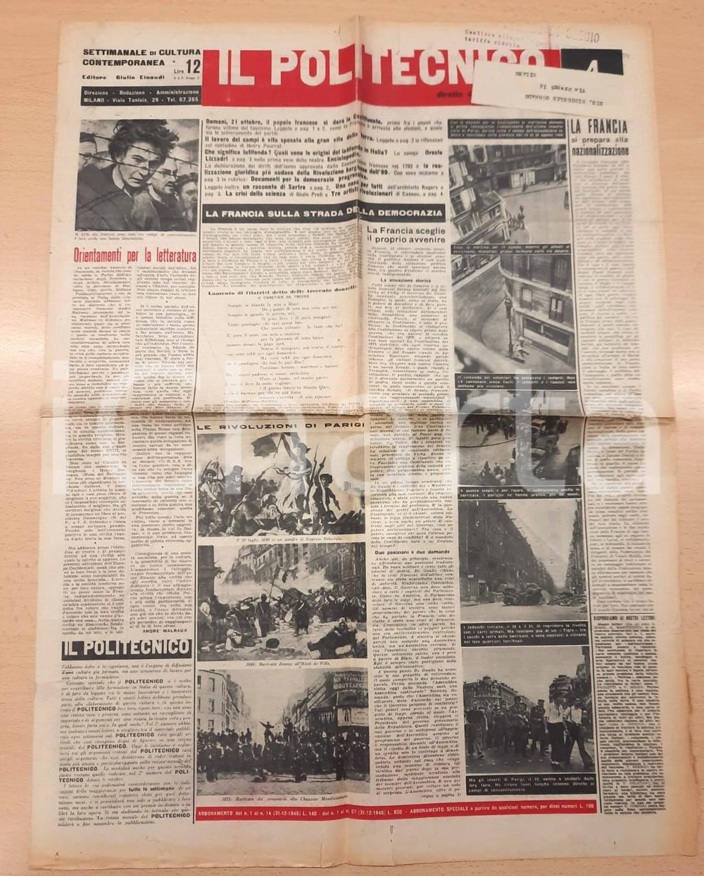 Giornale, rivista storica 1945 IL POLITECNICO La Francia verso la Costituente Rivista n° 4 Elio Vittorini 1
