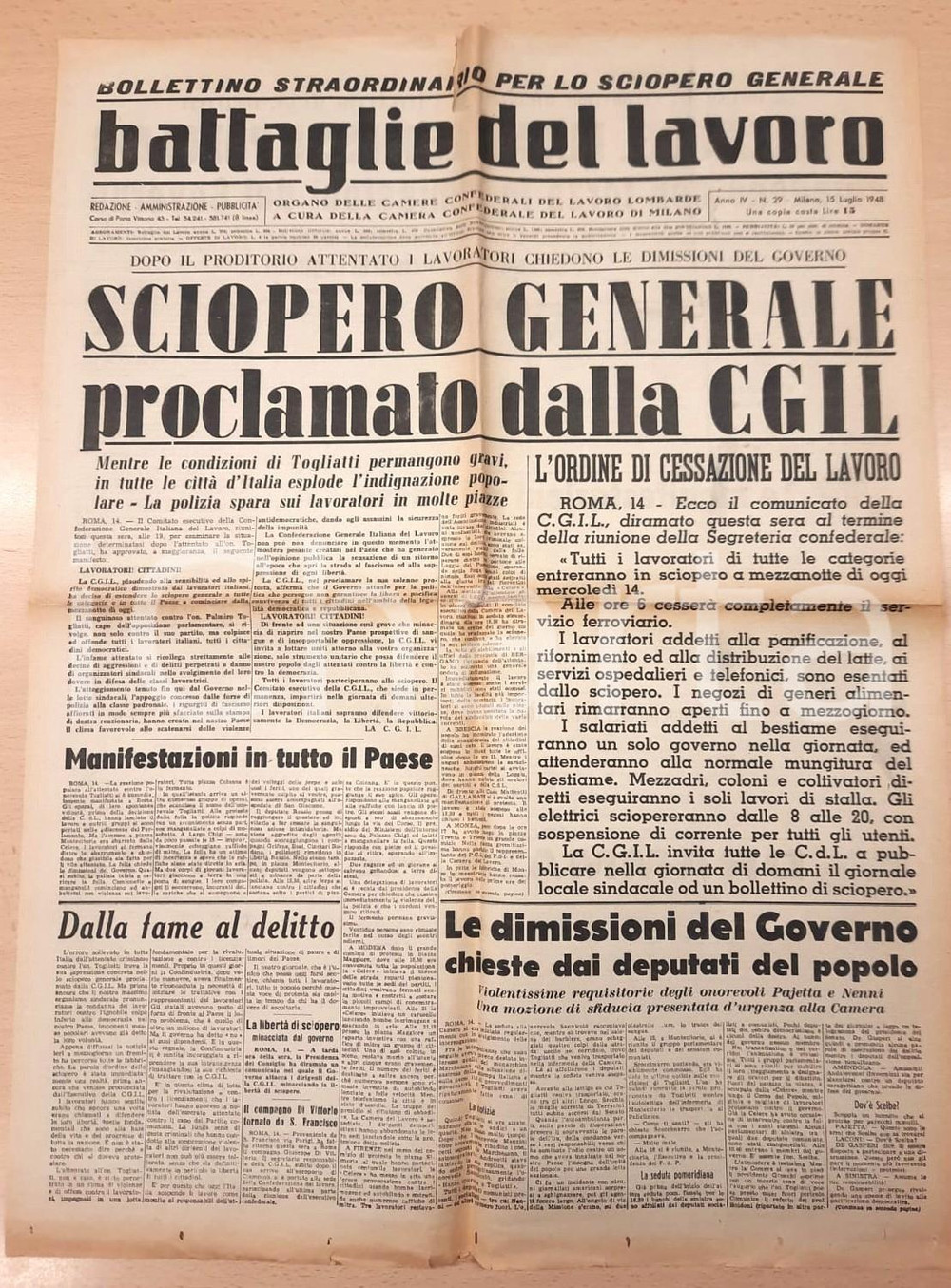 Giornale, rivista storica 1948 BATTAGLIE DEL LAVORO Sciopero generale proclamato da CGIL Bollettino n° 29 1