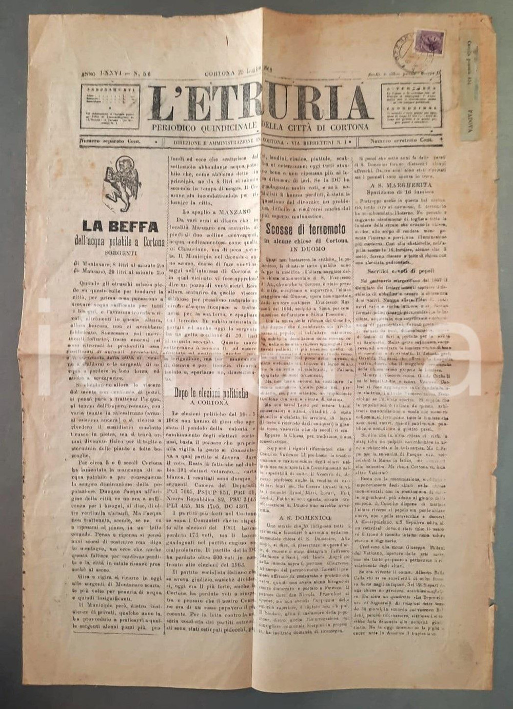 Giornale, rivista storica 1968 CORTONA L ETRURIA  Terremoto nelle chiese  Beffa acqua potabile Giornale 1