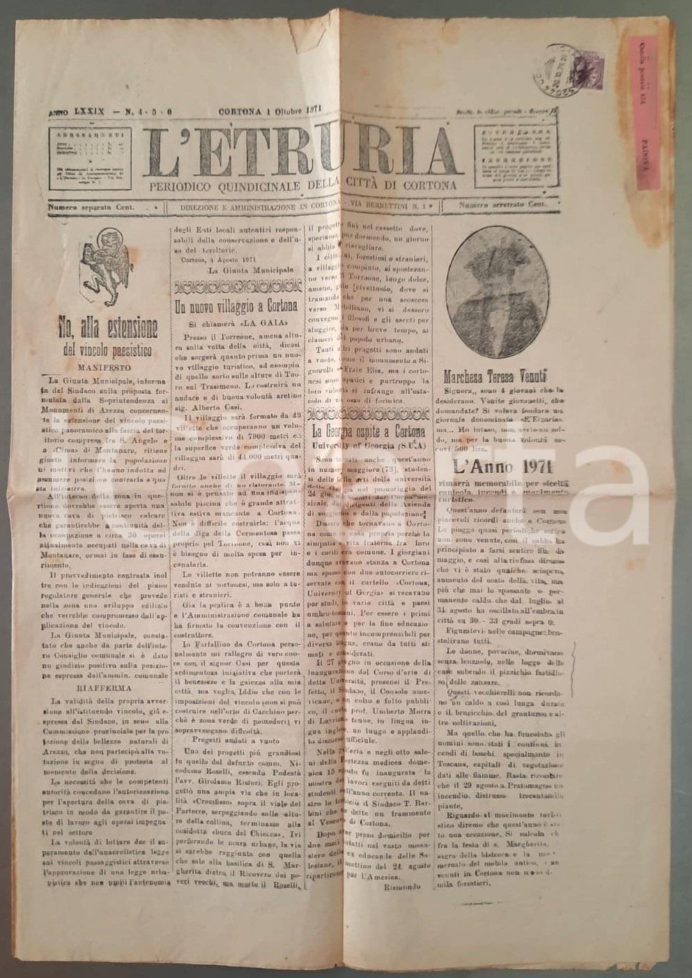 Giornale, rivista storica 1971 CORTONA L ETRURIA Nuovo villaggio LA GAIA  University of Georgia ospite 1