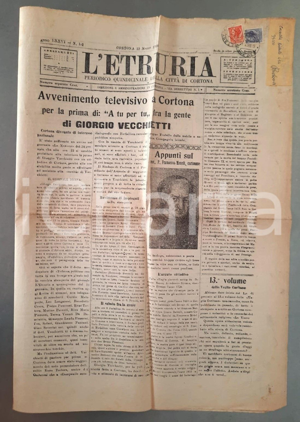 Giornale, rivista storica 1968 L ETRURIA Giorgio Vecchietti a Cortona  Padre Francesco MONETI Giornale 1