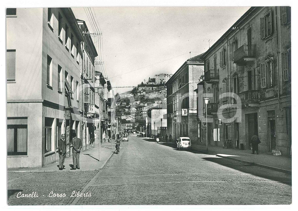 Cartolina originale da collezione 1950 ca CANELLI AT Fiat 600 in Corso Libertà  Cartolina ANIMATA FG NV 1