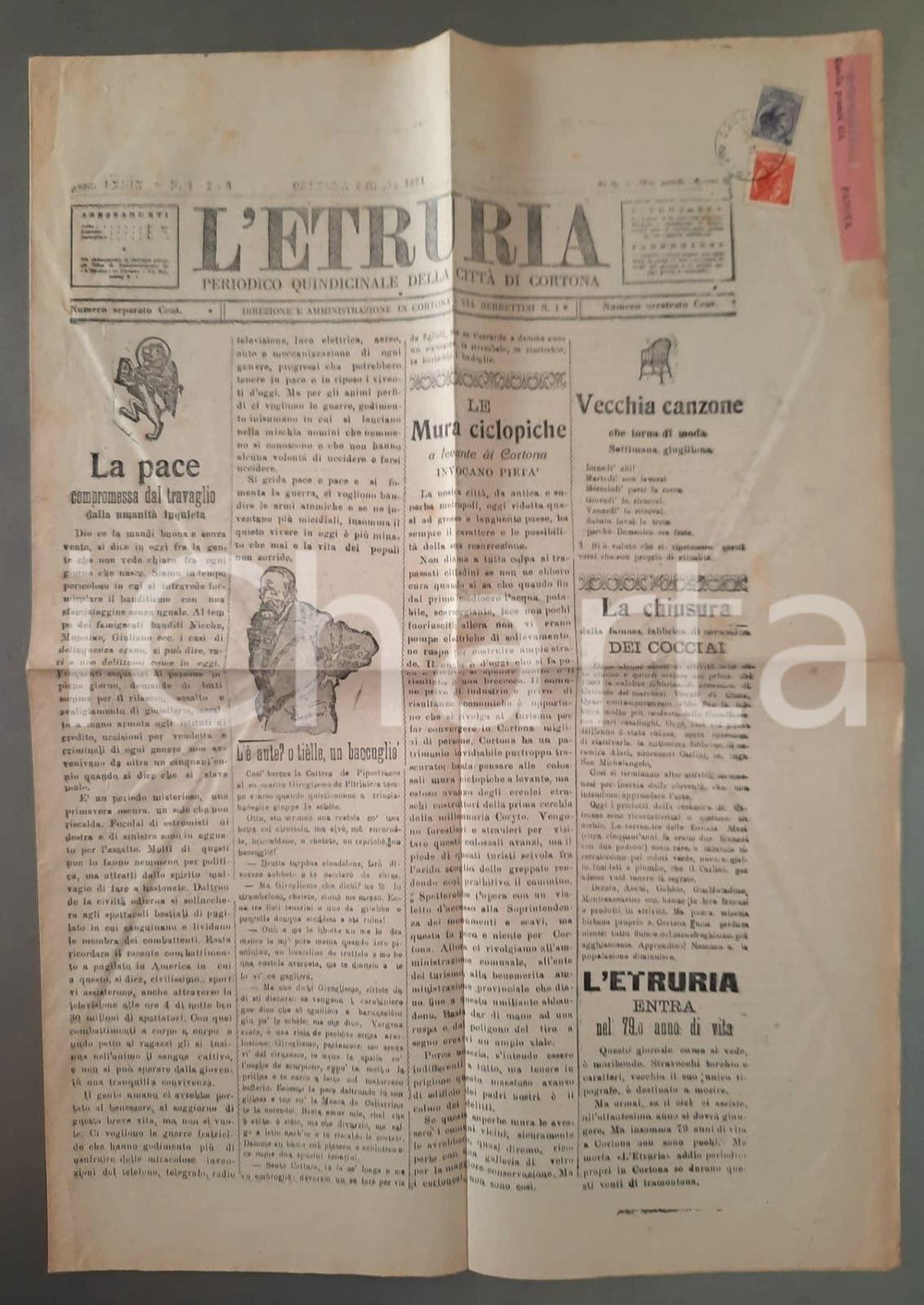 Giornale, rivista storica 1971 L ETRURIA Le mura ciclopiche di Cortona  Chiusura ceramica di Catrosse 1