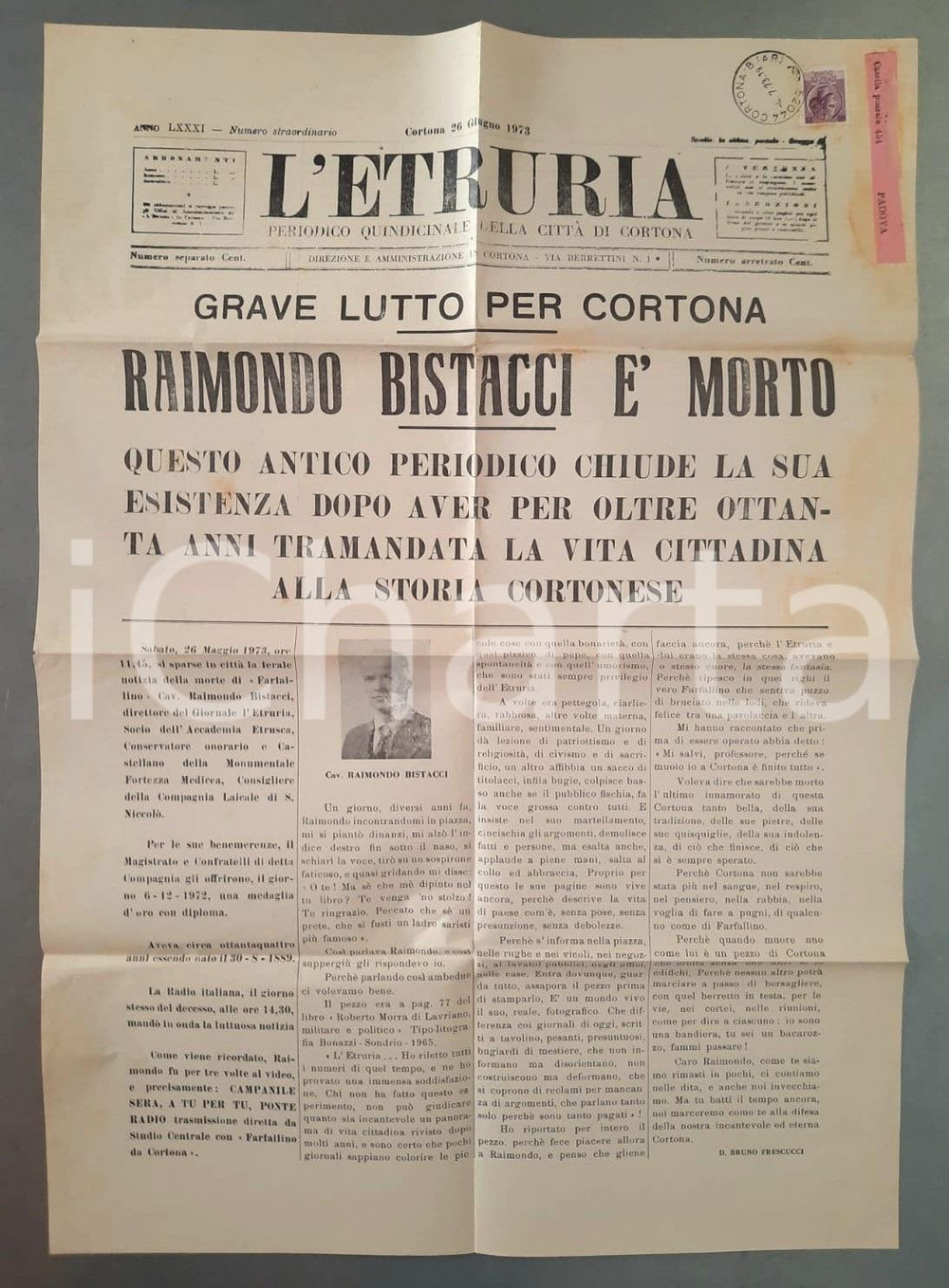 Giornale, rivista storica 1973 CORTONA L ETRURIA Morte di Raimondo Bistacci FarfallinoULTIMO NUMERO 1