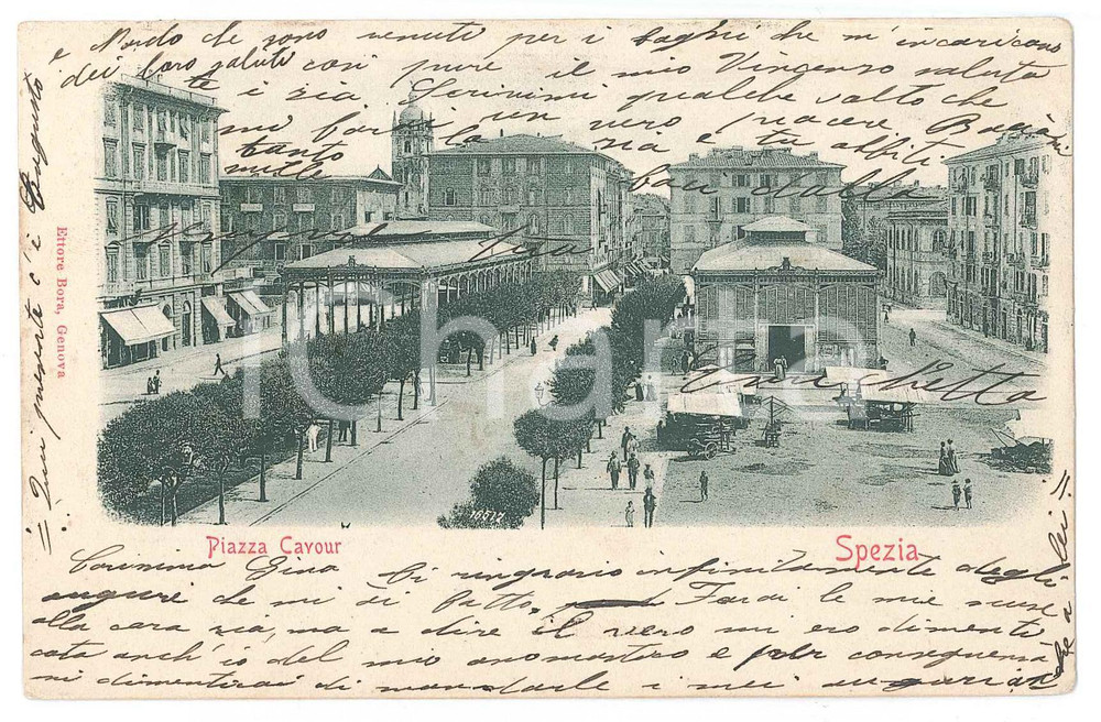 Cartolina originale da collezione 1900 ca LA SPEZIA Mercato in Piazza Cavour  Veduta  Cartolina ANIMATA FG VG 1