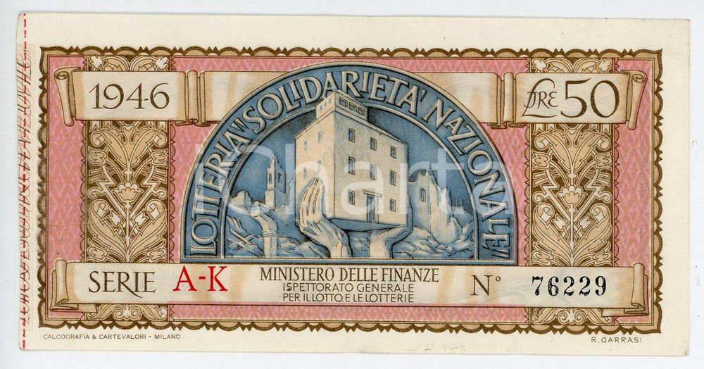 Oggetto da collezione cartaceo 1946 LOTTERIA Solidarietà nazionale  Biglietto serie AK Lire 50  13x7 cm 1