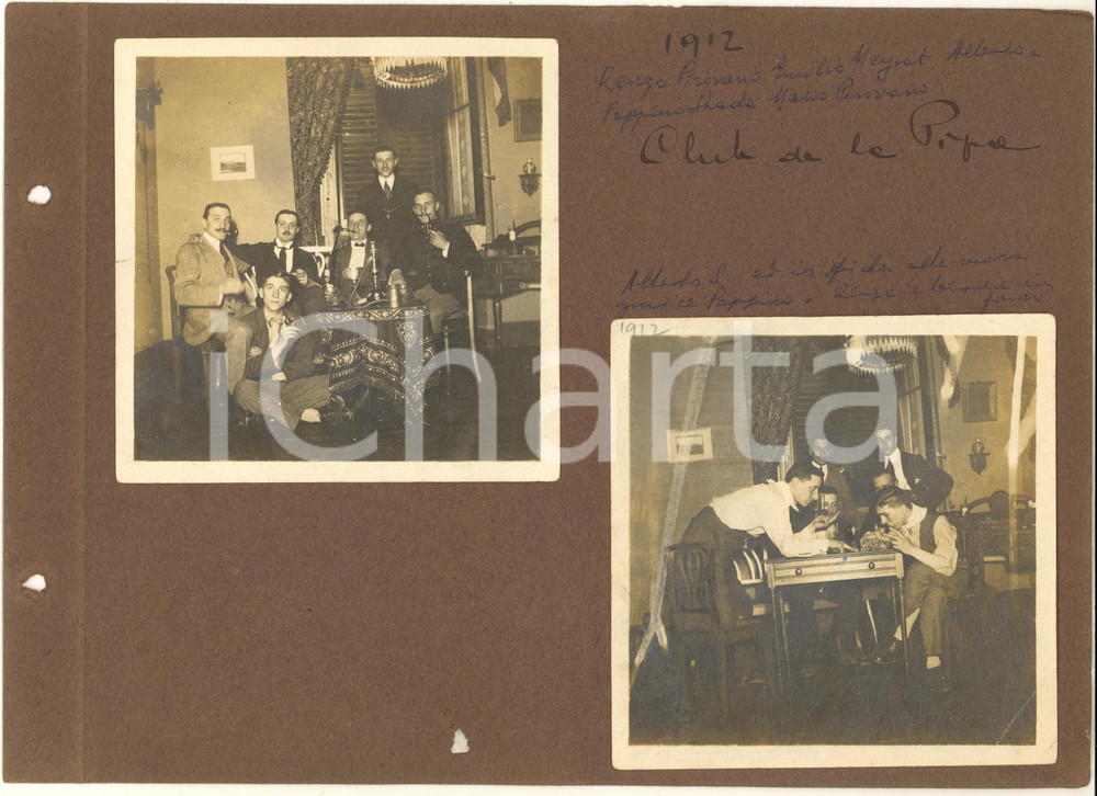 Fotografia d epoca originale 1911 COSTUME VARESE ? Club della Pipa  Lotto 3 foto 9x9 cm CURIOSE 1