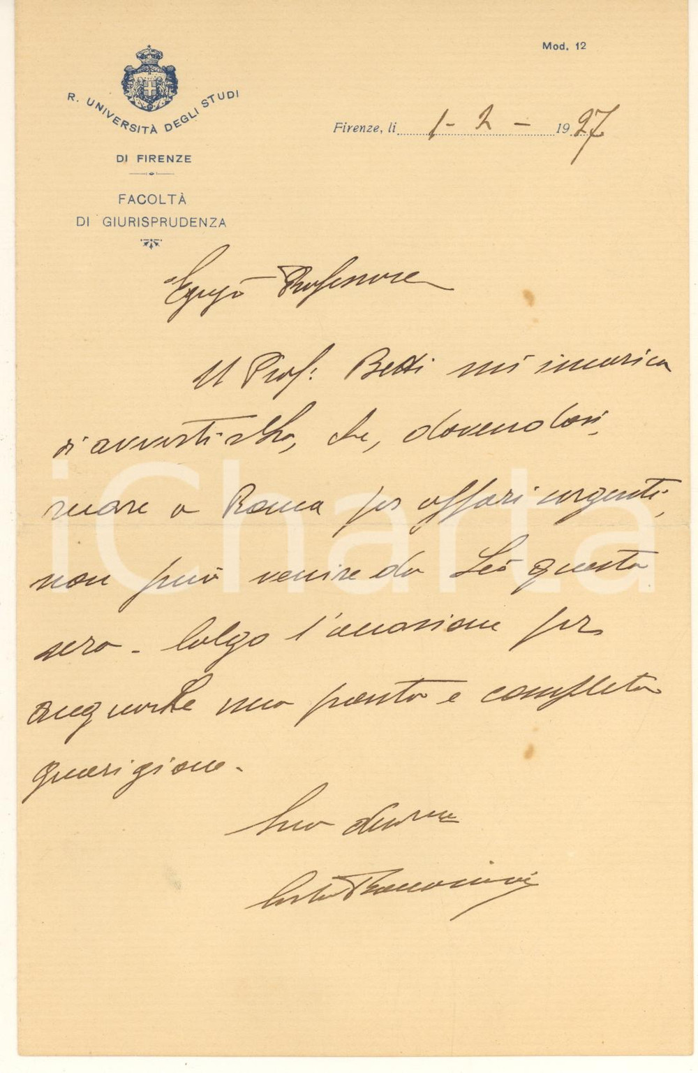 Autografo originale 1927 Università di FIRENZE  Giurisprudenza  Lettera Carlo BACCARINI Autografo 1