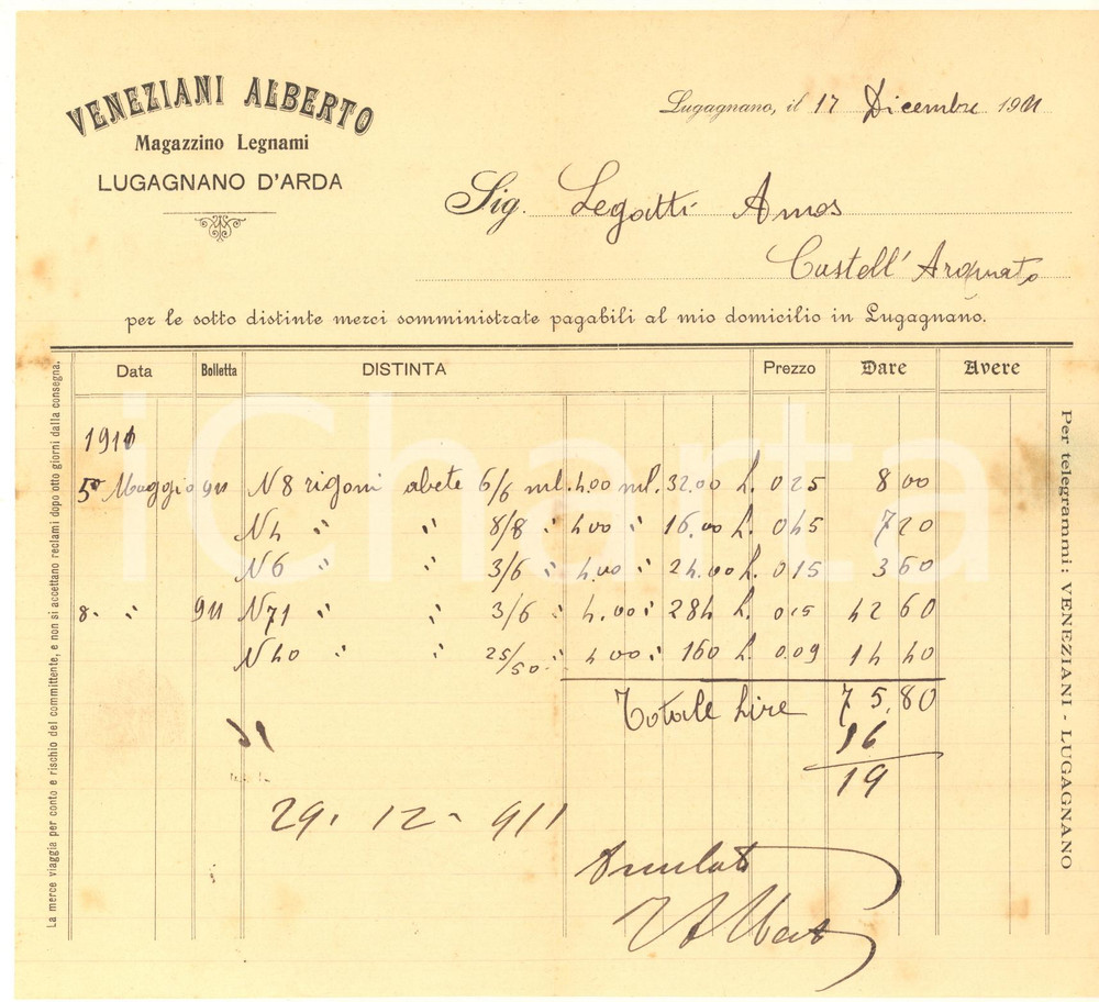 Documento originale, autentico 1910 LUGAGNANO D ARDA PC Alberto VENEZIANI Magazzino legnami  Fattura 1