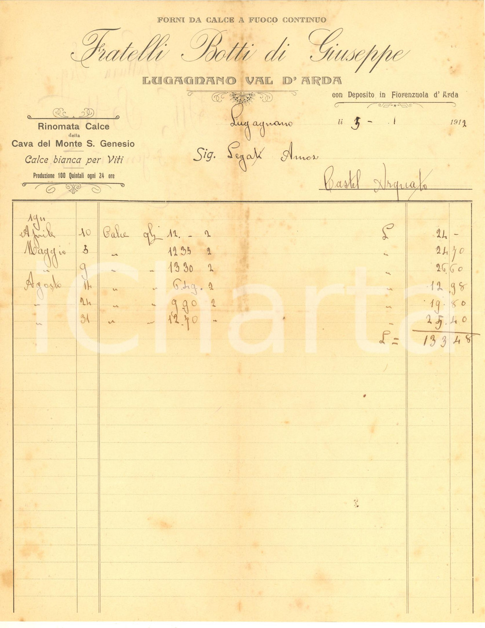 Documento originale, autentico 1912 LUGAGNANO D ARDA PC Fratelli BOTTI di Giuseppe  Forni da calce Fattura 1