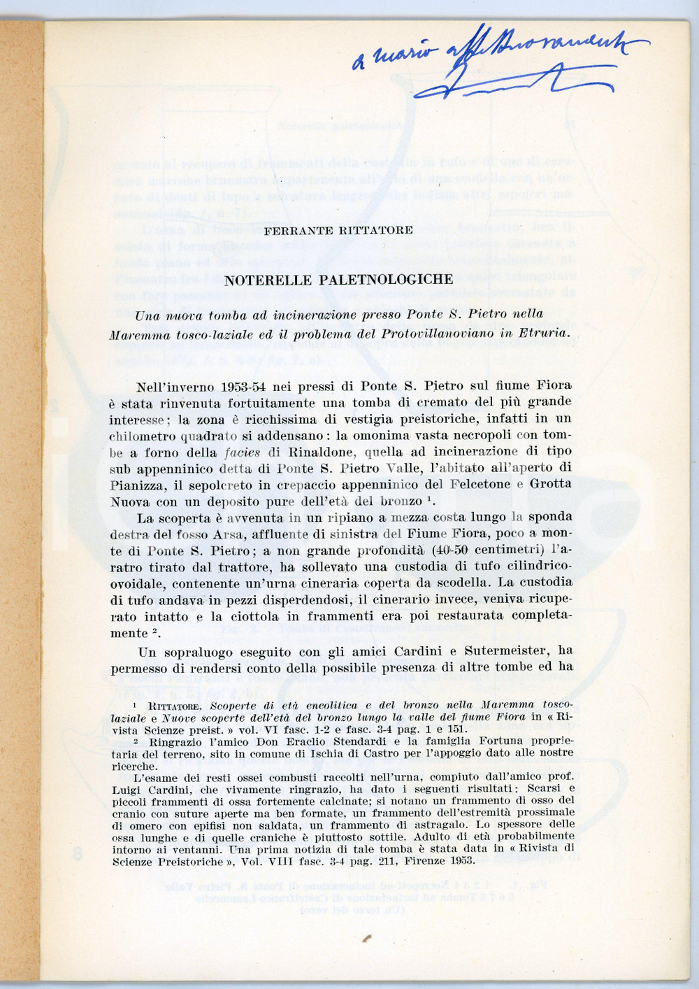 Libro, pubblicazione d epoca 1956 Ferrante RITTATORE VONWILLER Noterelle paletnologiche INVIO AUTOGRAFO 1