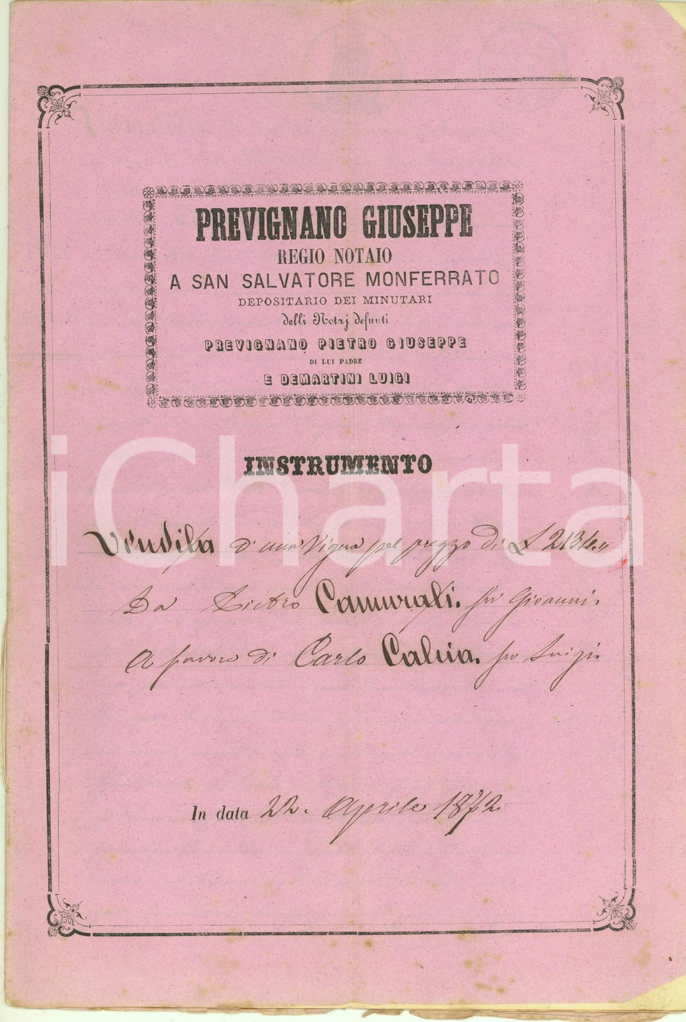Documento originale, autentico 1872 SAN SALVATORE MONFERRATO Pietro CAMURATI vende vigna a Carlo CALCIA 1