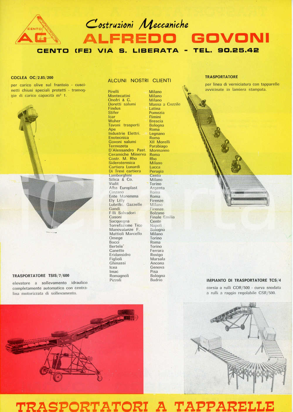 Materiale pubblicitario d’epoca 1960 ca CENTO Costruzioni meccaniche Alfredo GOVONI Coclea  Volantino 21x30 cm 1