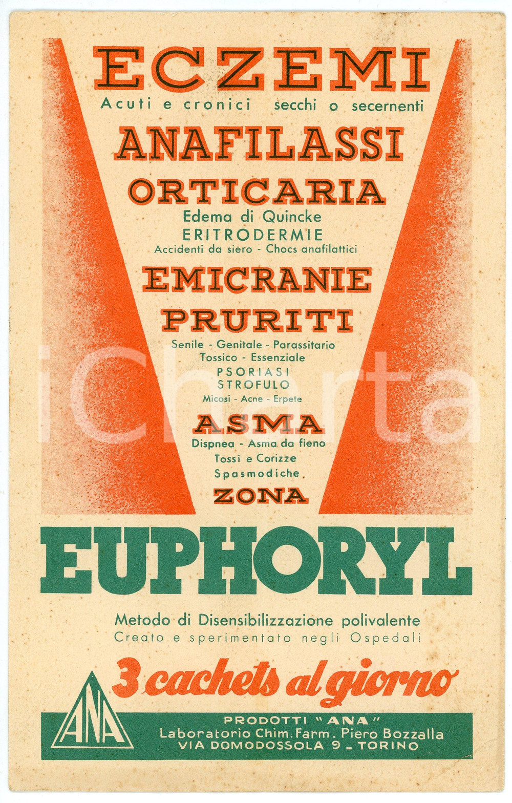 Materiale pubblicitario d’epoca 1937 TORINO Laboratorio Piero BOZZALLA Prodotti ANA Euphoryl  Volantino 1