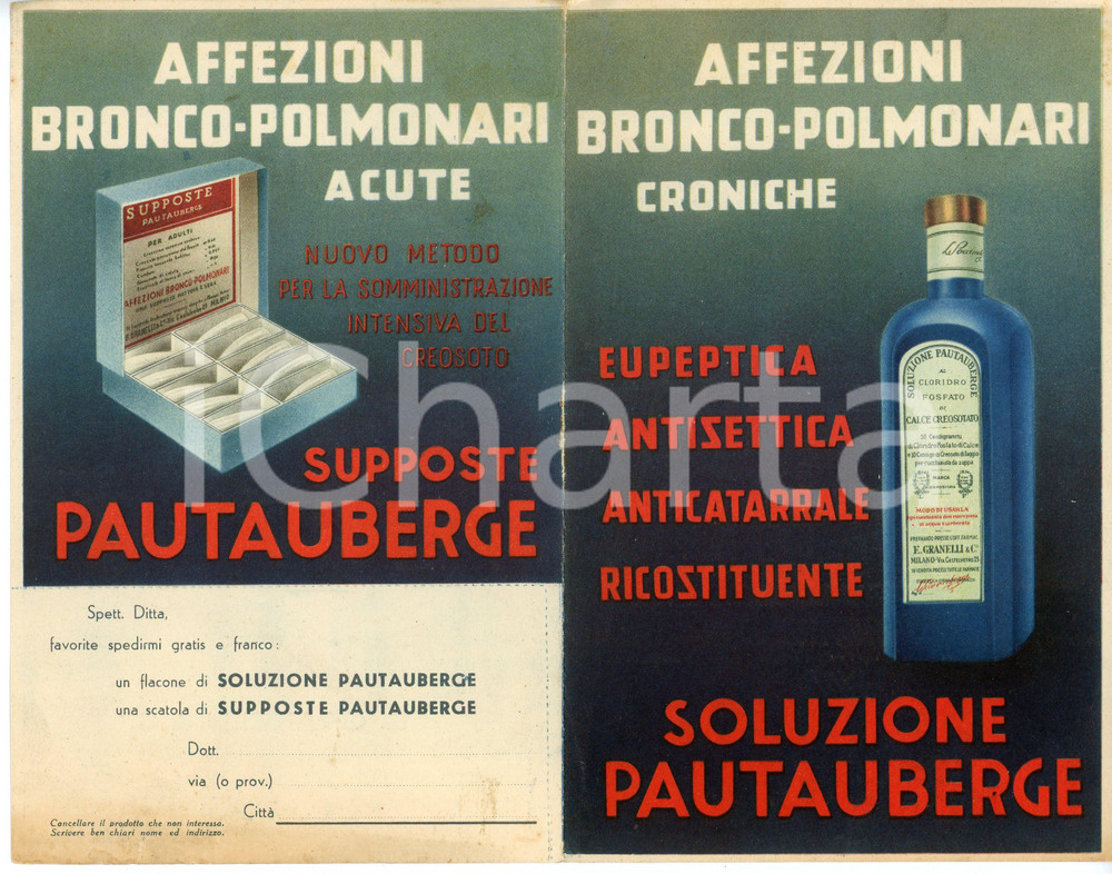 Materiale pubblicitario d’epoca 1938 MILANO E. Granelli  Soluzione e supposte PAUTAUBERGE Volantino 1