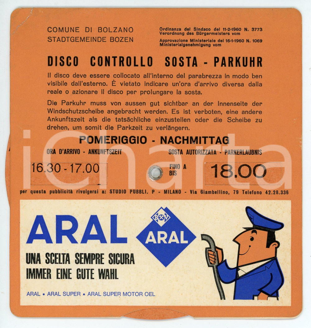 Oggetto da collezione cartaceo 1960 BOLZANO Disco di controllo della sosta  Pubblicità Carburante ARAL 1
