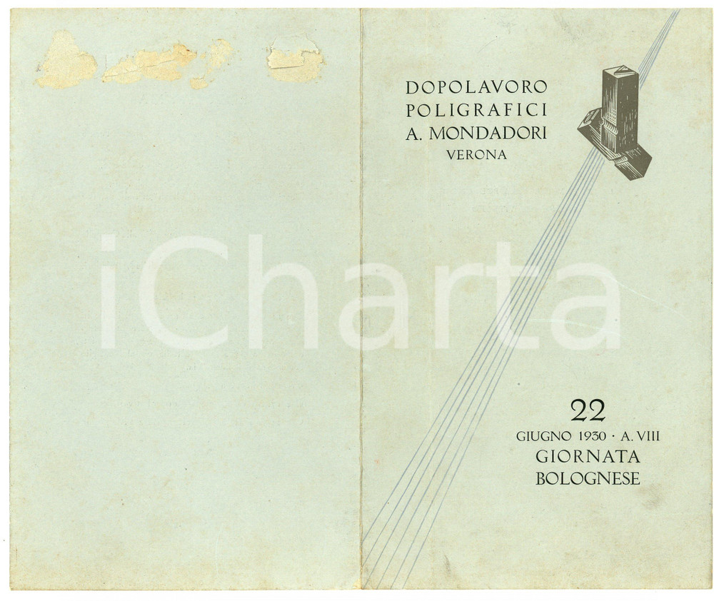 Oggetto da collezione cartaceo 1930 VERONA Dopolavoro poligrafici A. MONDADORI Giornata bolognese  Pieghevole 1