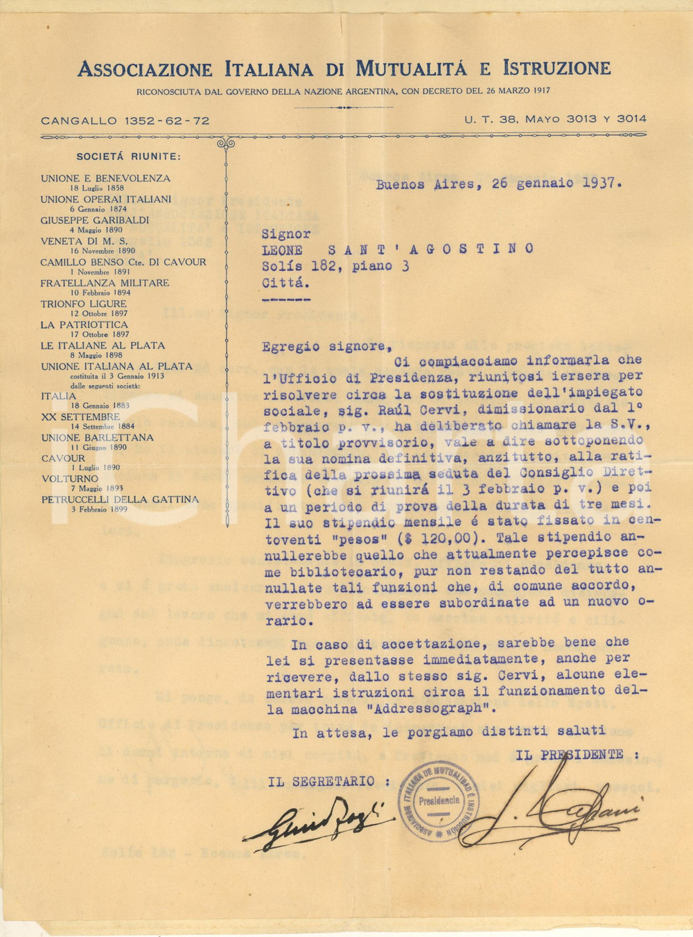Documento originale, autentico 1937 BUENOS AIRES Associazione Italiana Mutualità Istruzione Lettera assunzione 1