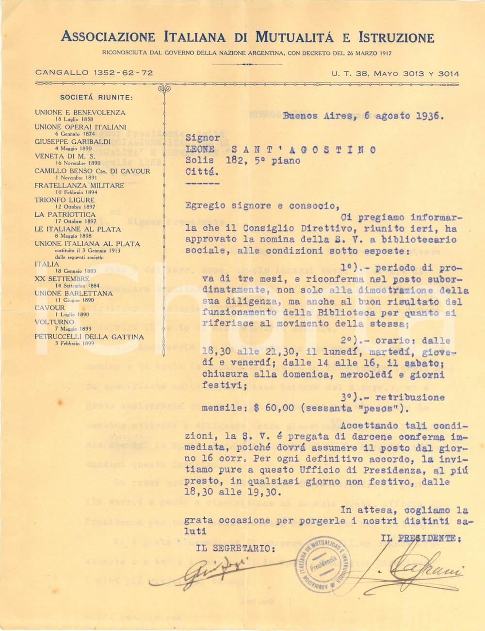Documento originale, autentico 1936 BUENOS AIRES Associazione Italiana Mutualità Istruzione Lettera nomina 1
