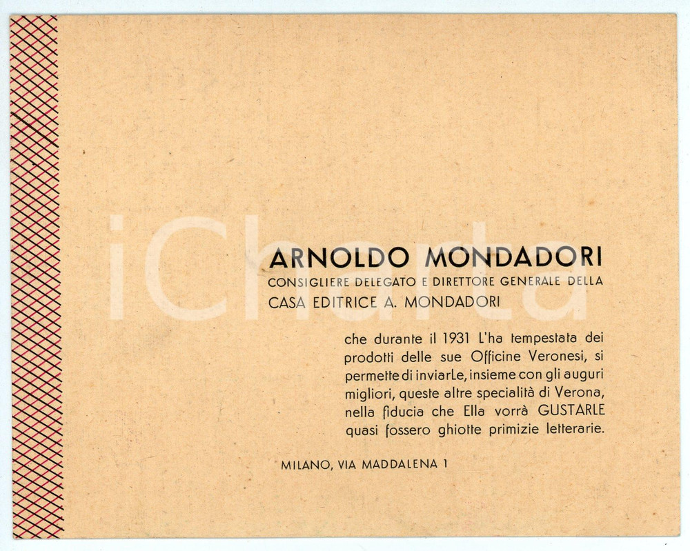 Oggetto da collezione cartaceo 1931 MILANO Arnoldo MONDADORI Biglietto di auguri 14x11 cm 1