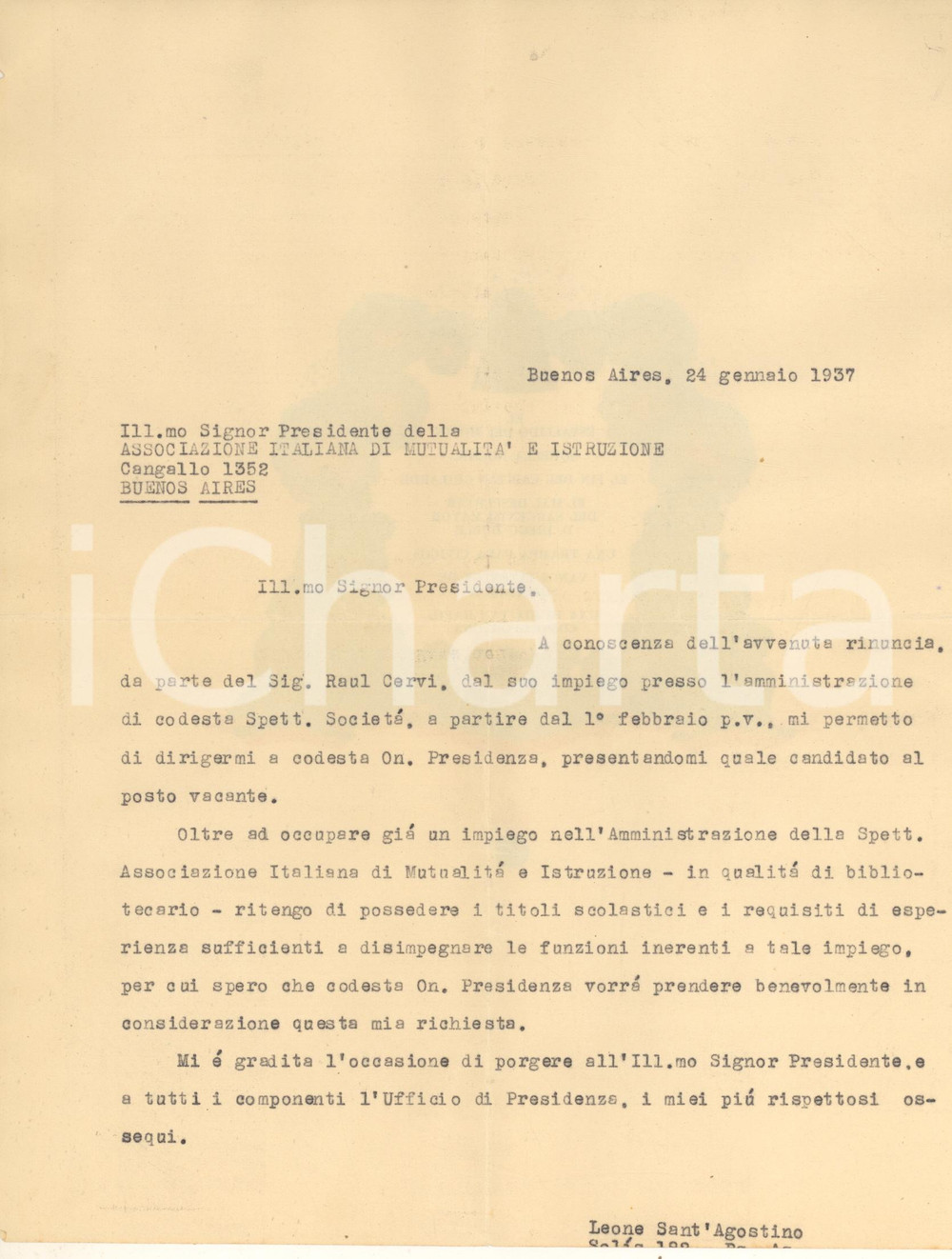 Manoscritto, lettera originale 1937 BUENOS AIRES Associazione Italiana Mutualità Istruzione  Candidatura 1