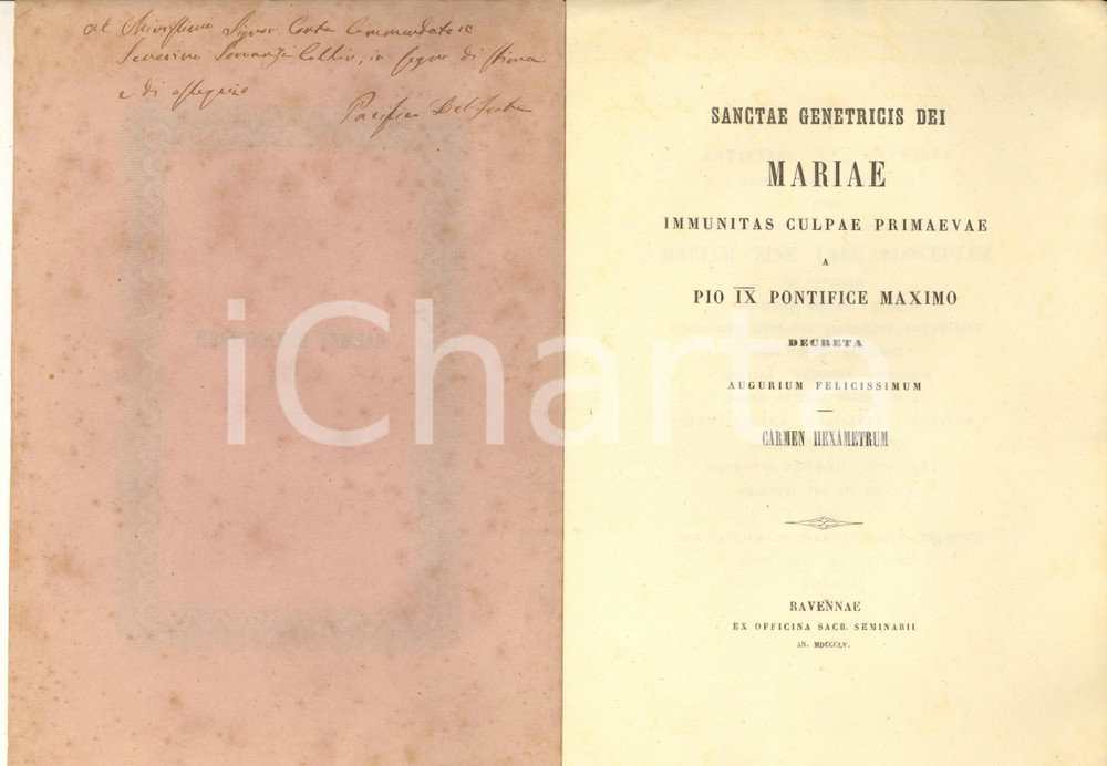 Libro, pubblicazione d epoca 1855 RAVENNA Mariae immunitas culpae  Carmen hexametrum Pacifico DEL FRATE 1