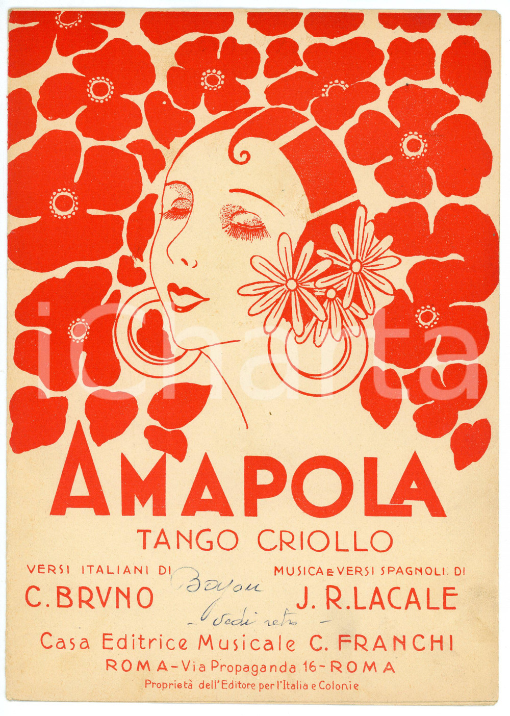 Oggetto da collezione cartaceo 1951 AMAPOLA Tango criollo J.R. LACALE  C. BRUNO Spartito Ed. FRANCHI 1