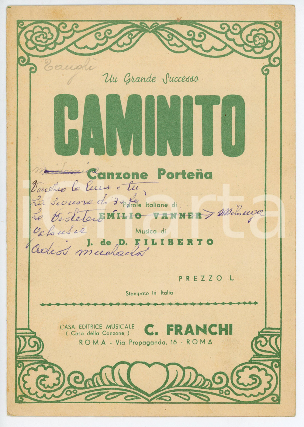 Oggetto da collezione cartaceo 1936 Emilio VANNER J. DE D. FILIBERTO Caminito Canzone Portena Spartito FRANCHI 1