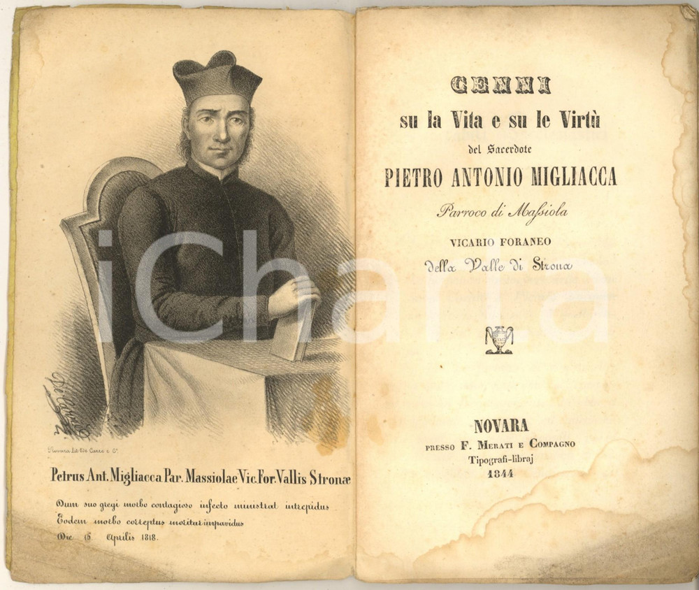 Libro, pubblicazione d epoca 1844 Vita e virtù sacerdote Pietro Antonio Migliacca parroco di MASSIOLA RARO 1