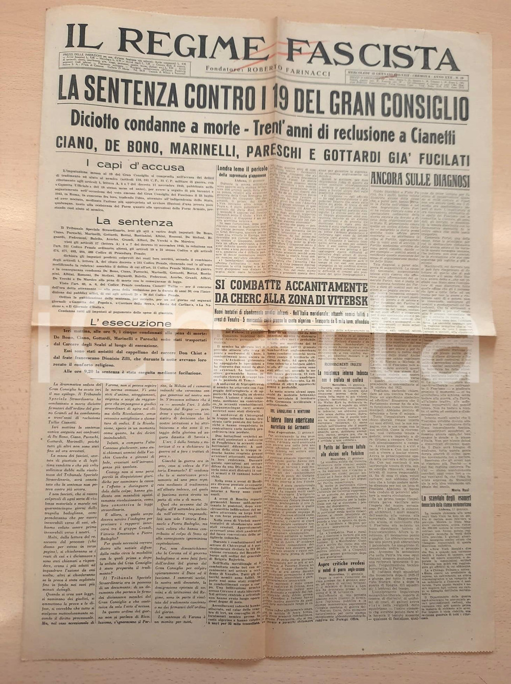 Giornale, rivista storica 1944 IL REGIME FASCISTA Sentenza e condanne a morte contro 19 del Gran Consiglio 1
