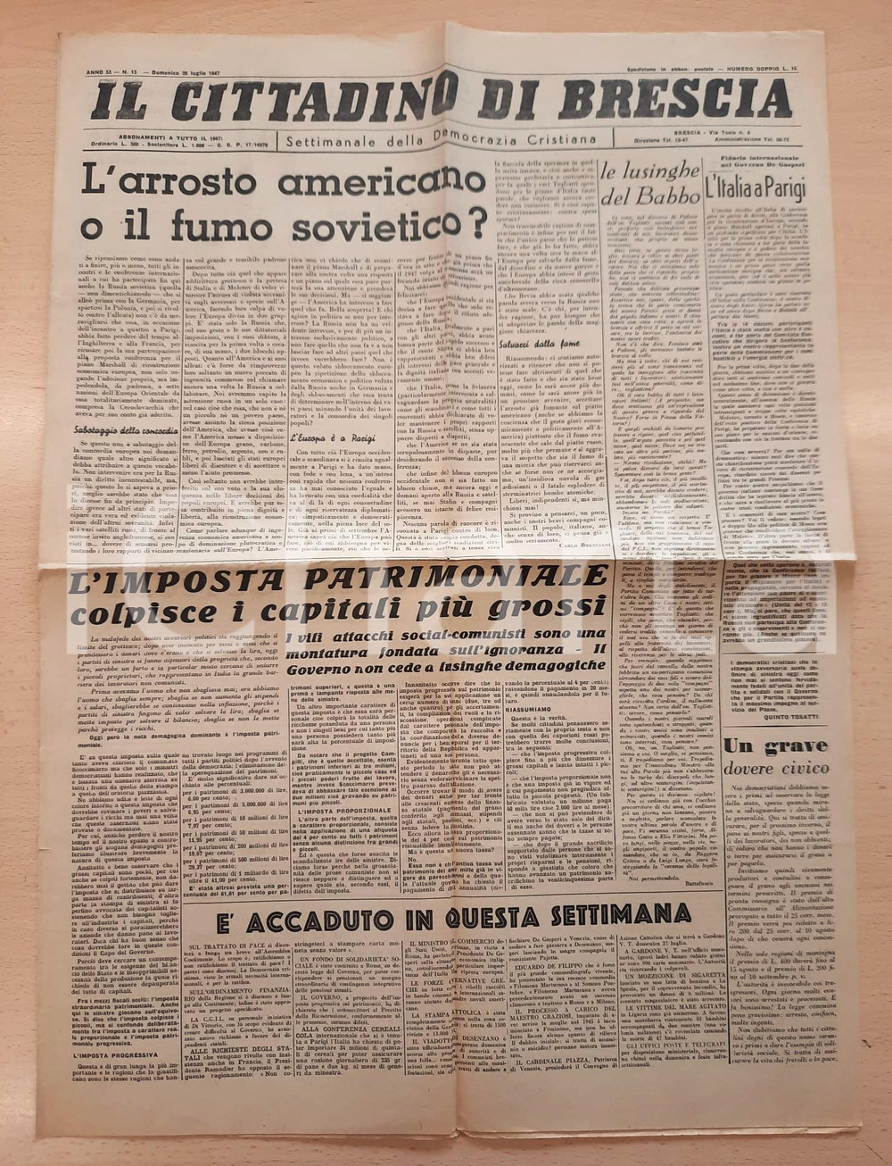 Giornale, rivista storica 1947 IL CITTADINO DI BRESCIA L arrosto americano o il fumo sovietico?  Giornale 1