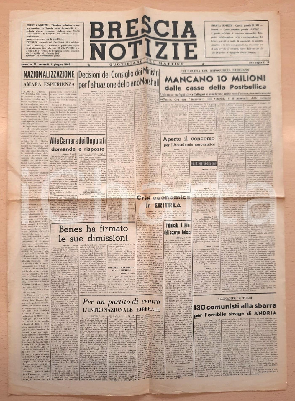 Giornale, rivista storica 1948 BRESCIA NOTIZIE Attuazione Piano Marshall  Ammanco casse Postbellica 1