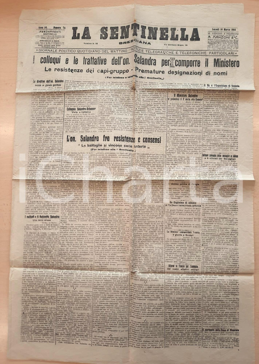 Giornale, rivista storica 1914 LA SENTINELLA BRESCIANA Colloqui on. Antonio SALANDRA per il governo 1