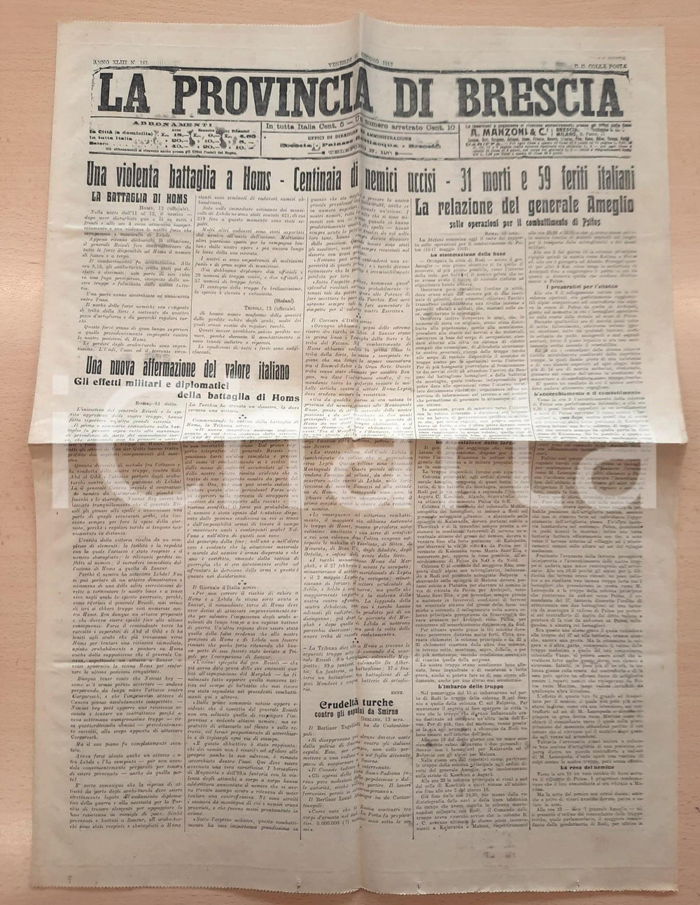 Giornale, rivista storica 1912 LA PROVINCIA DI BRESCIA Violenta battaglia di Homs Guerra italoturca 1