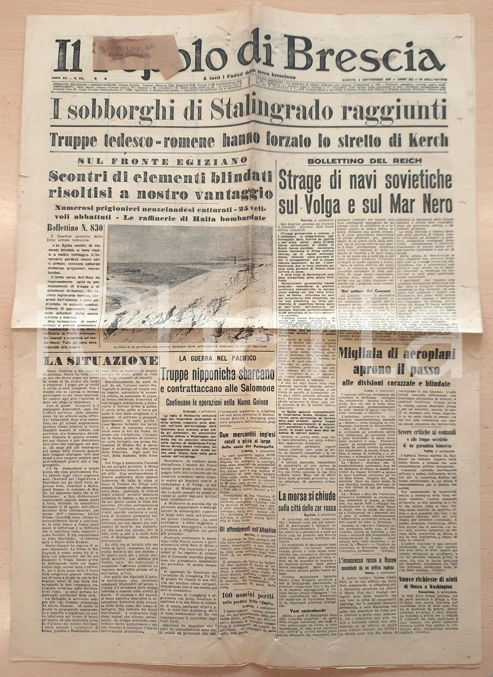 Giornale, rivista storica 1942 WW2 IL POPOLO DI BRESCIA Stalingrado raggiunta  L Asse sul fronte egiziano 1