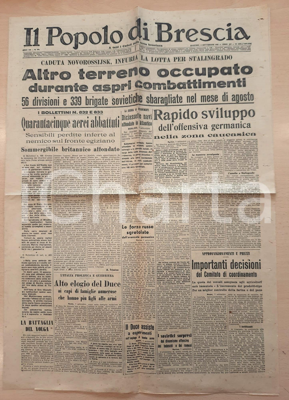 Giornale, rivista storica 1942 WW2 IL POPOLO DI BRESCIA Caduta Novorossijsk  Vittorie sul fronte egiziano 1