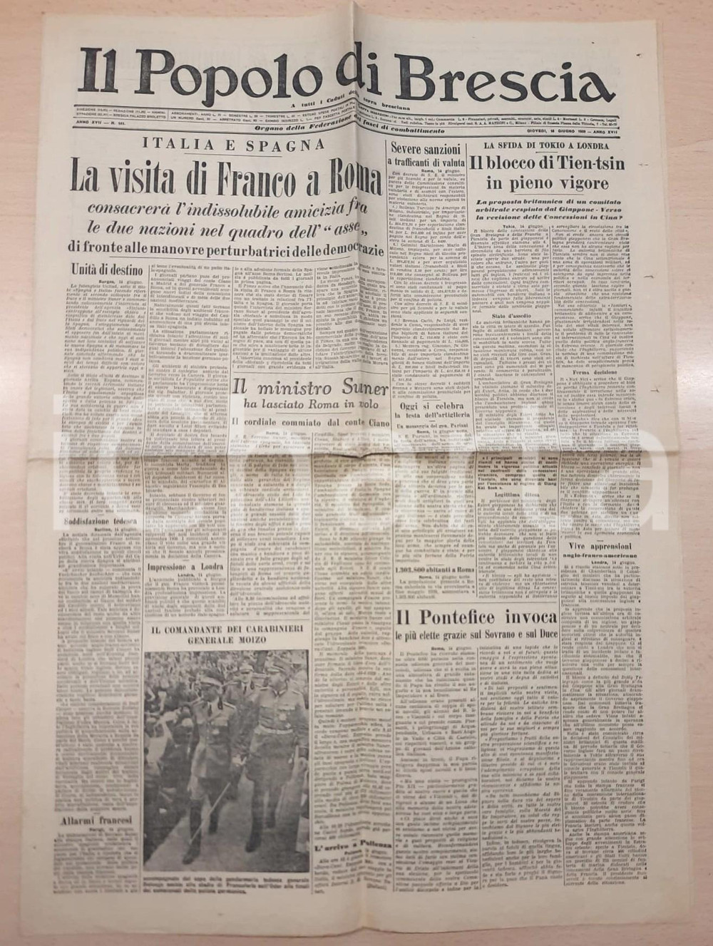 Giornale, rivista storica 1939 IL POPOLO DI BRESCIA Visita di Francisco Franco a Roma  Blocco Tientsin 1