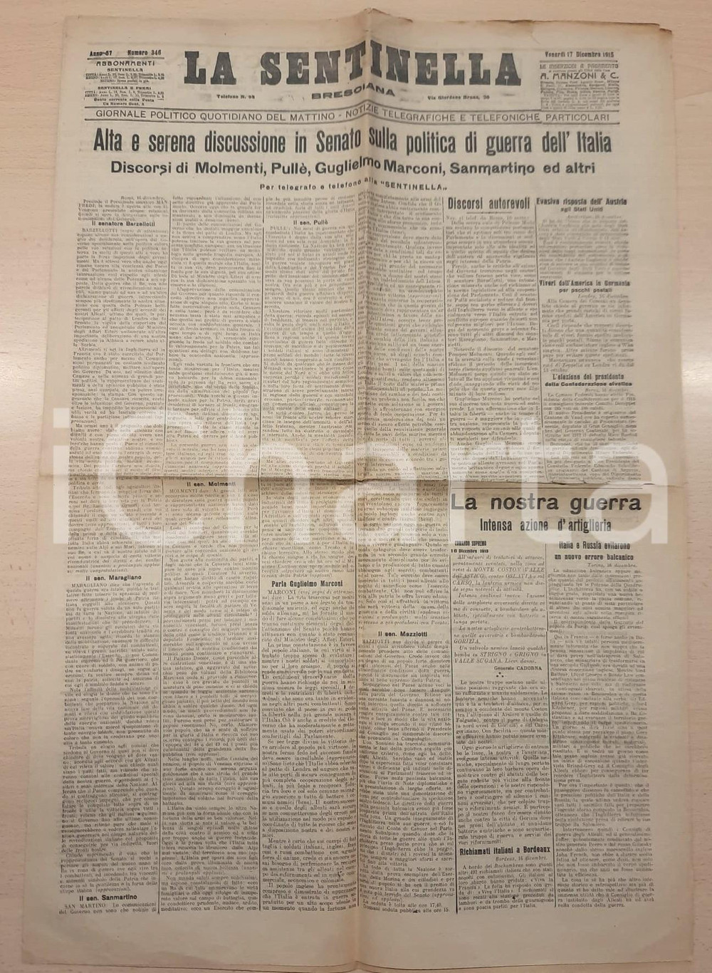 Giornale, rivista storica 1915 LA SENTINELLA BRESCIANA Discussione in Senato su politica di guerra Italia 1