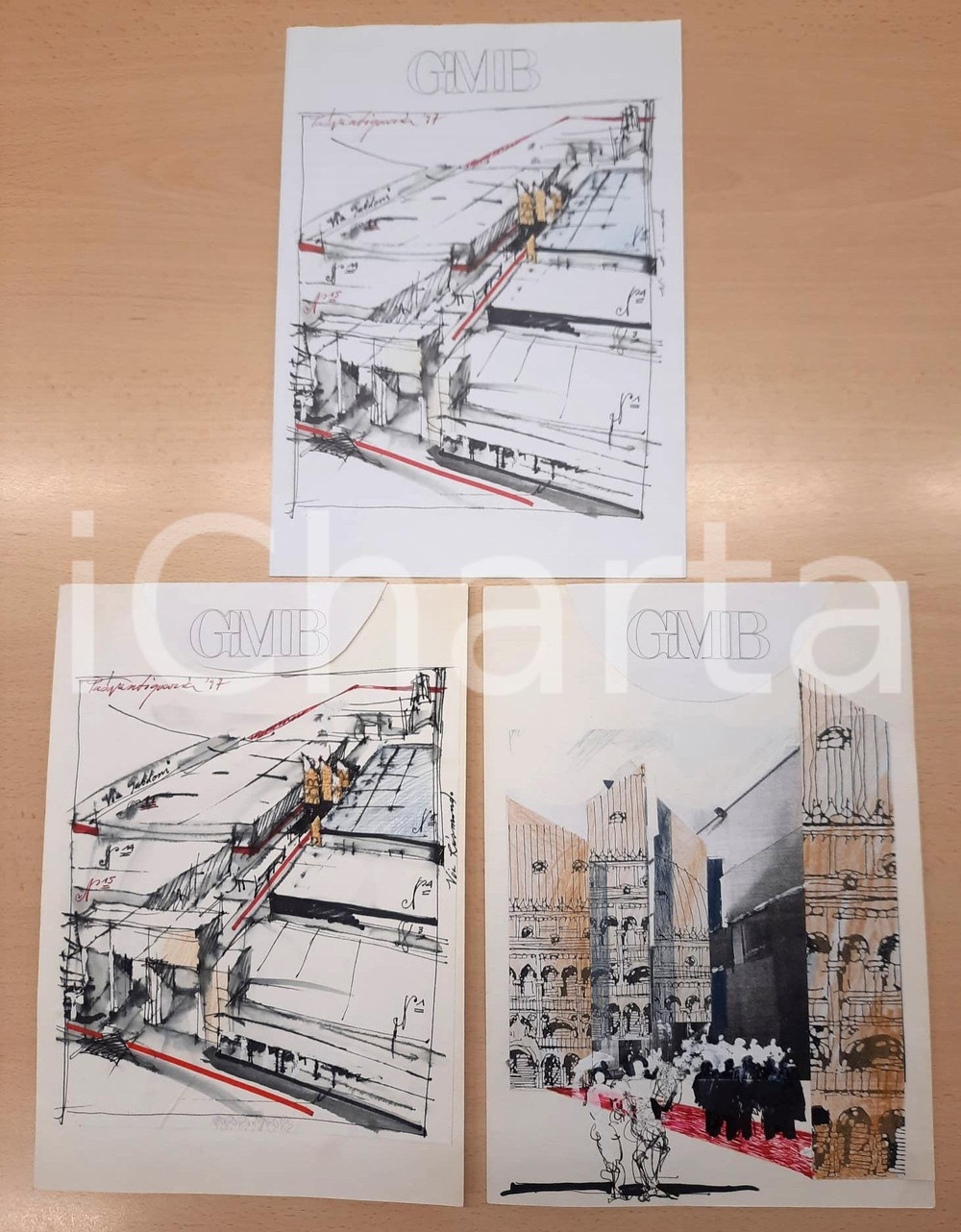 Stampa, bozzetto originale 1997 ANTIQUARIA PADOVA Lotto 3 bozzetti originali GMB china/ collage 21x29 cm 1