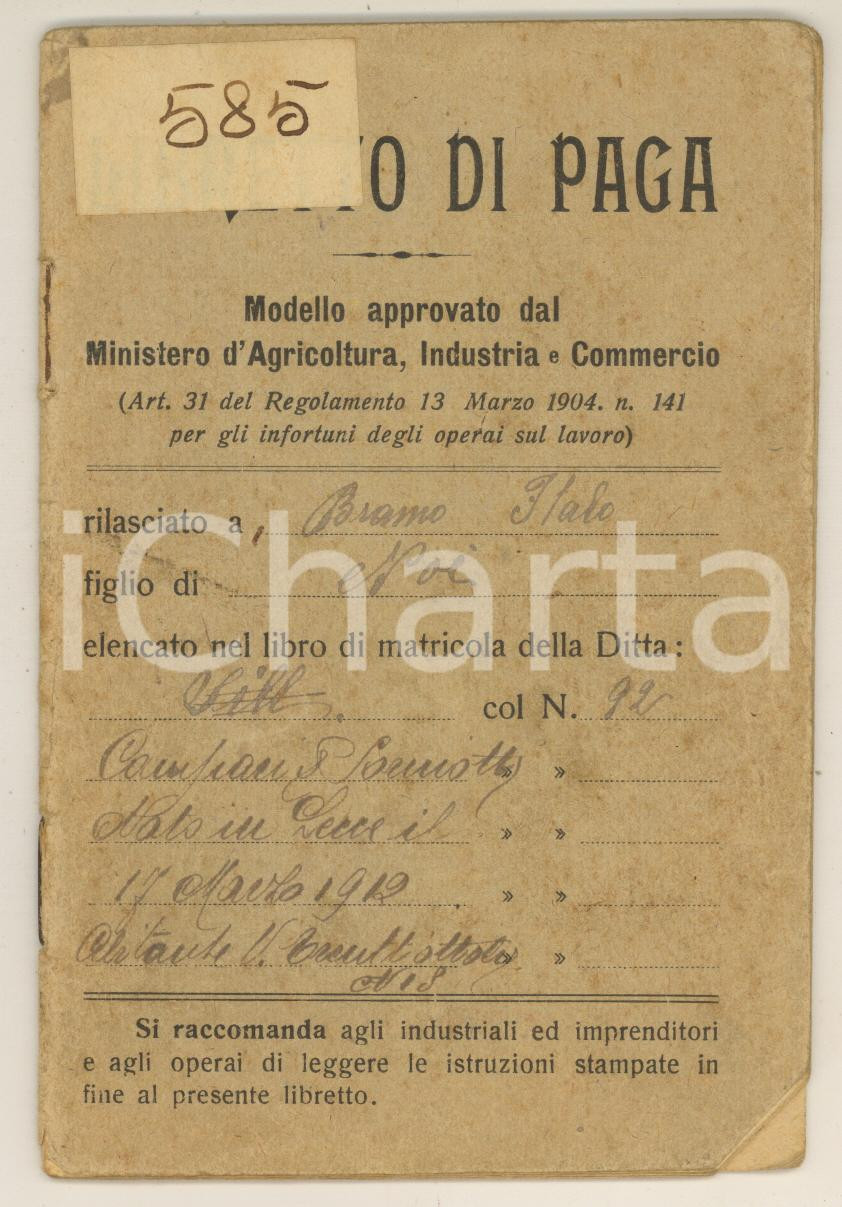 Libro, pubblicazione d epoca 19271931 MILANO  Libretto paga Italo BRAMO lattoniere  CAMPARISORNIOTTI 1