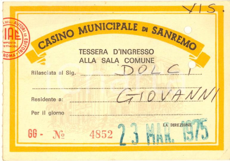 Oggetto da collezione cartaceo 1975 SANREMO IM CASINO MUNICIPALE Tessera d ingresso alla sala comune 1