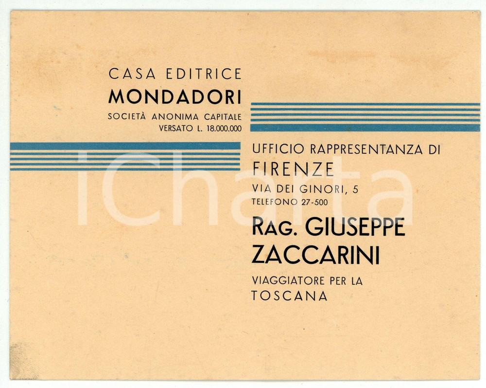 Oggetto da collezione cartaceo 1930 ca FIRENZE Giuseppe ZACCARINI Rappresentante MONDADORI Toscana  Biglietto 1