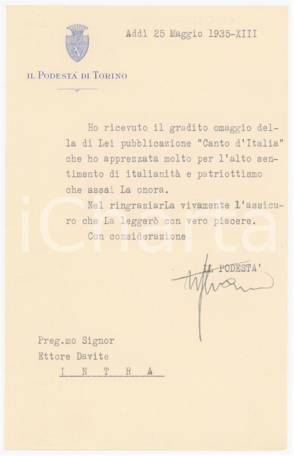 Autografo originale 1935 TORINO Podestà Ugo SARTIRANA riceve pubblicazione AUTOGRAFO 1