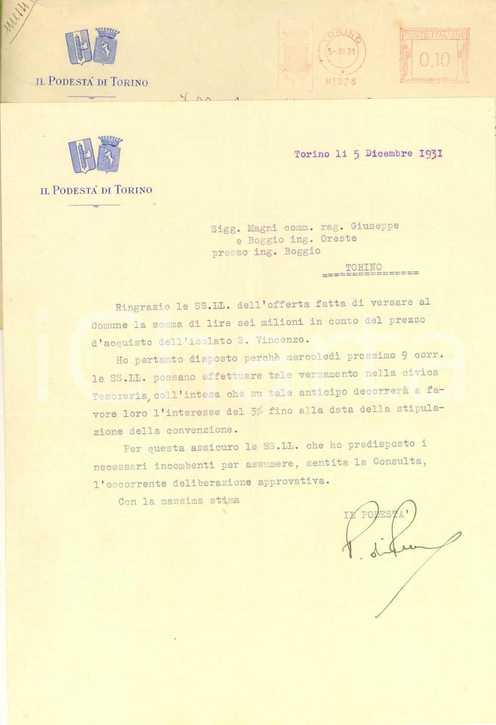 Autografo originale 1931 TORINO Podestà Paolo THAON DI REVEL su acquisto edificio AUTOGRAFO 1