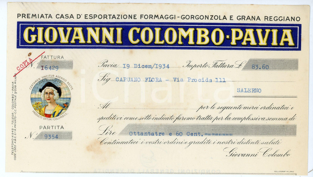 Documento originale, autentico 1934 PAVIA Giovanni COLOMBO Esportazione grana reggiano e gorgonzola  Documento 1