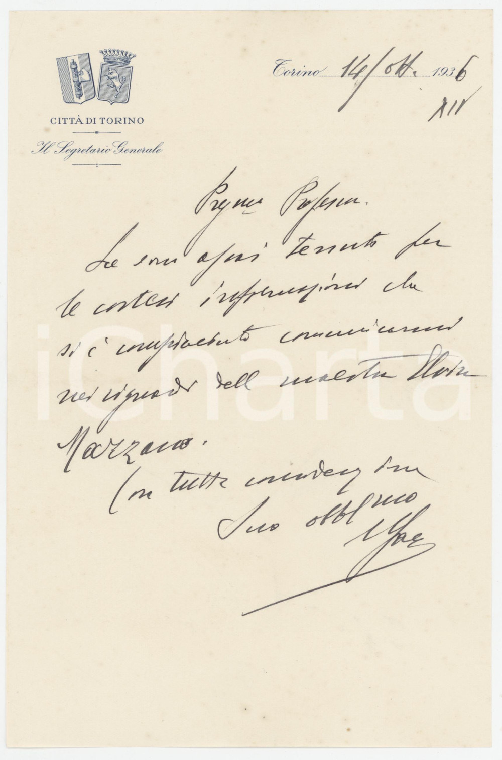 Autografo originale 1936 TORINO Lettera Camillo GAY Segretario Generale  Ringraziamenti AUTOGRAFO 1